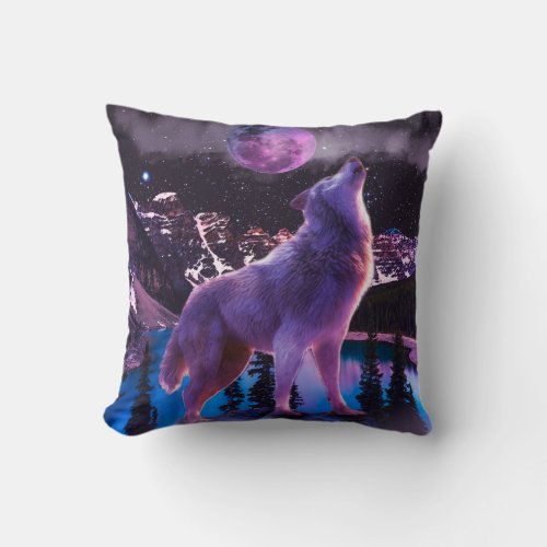 Gray wolf howling in forest throw pillow