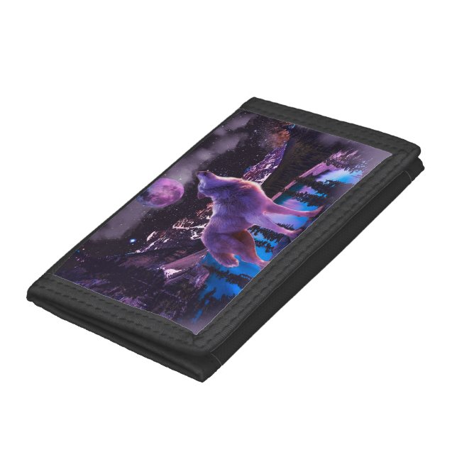 Gray wolf howling in forest trifold wallet (Bottom)