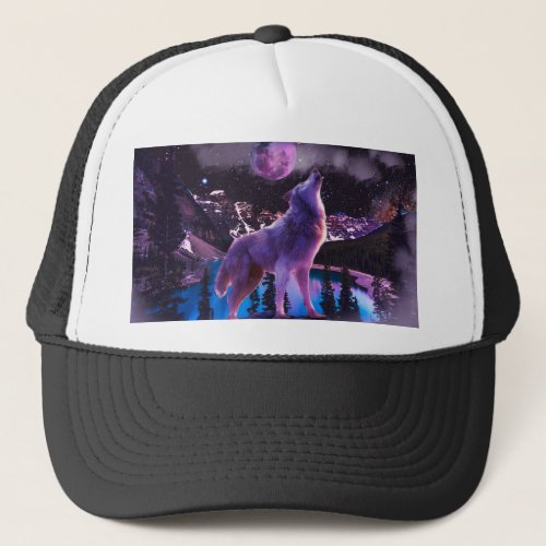 Gray wolf howling in forest trucker hat