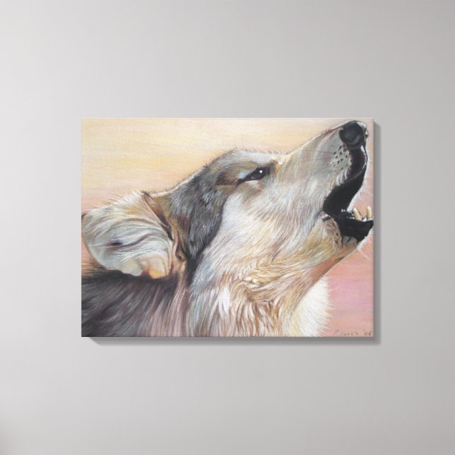gray wolf howling wildlife painting realist art canvas print (Front)