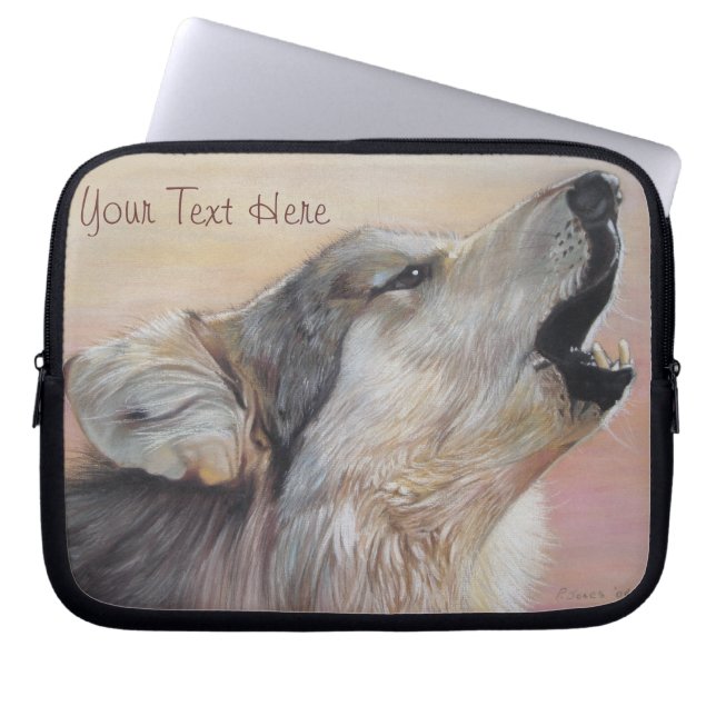 gray wolf howling wildlife painting realist art laptop sleeve (Front)