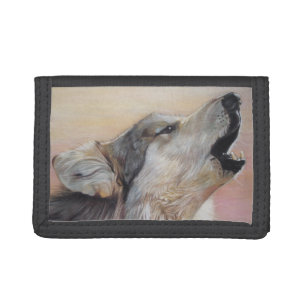 gray wolf howling wildlife painting realist art tri-fold wallet