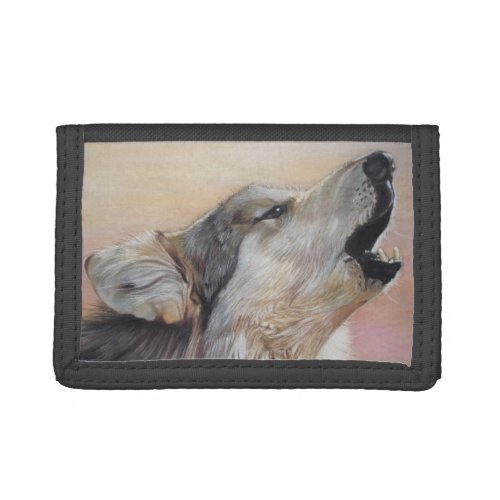 gray wolf howling wildlife painting realist art tri_fold wallet