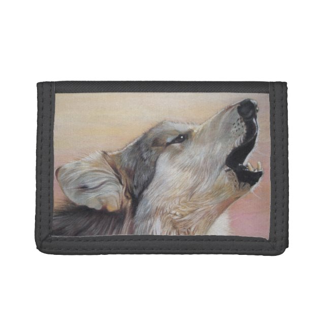 gray wolf howling wildlife painting realist art tri-fold wallet (Front)