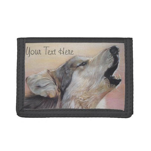 gray wolf howling wildlife painting realist art trifold wallet