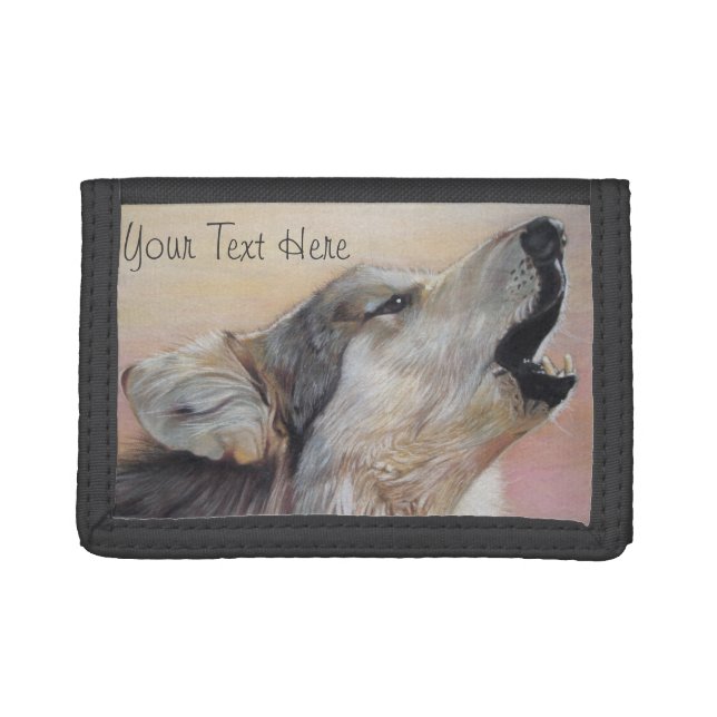 gray wolf howling wildlife painting realist art trifold wallet (Front)