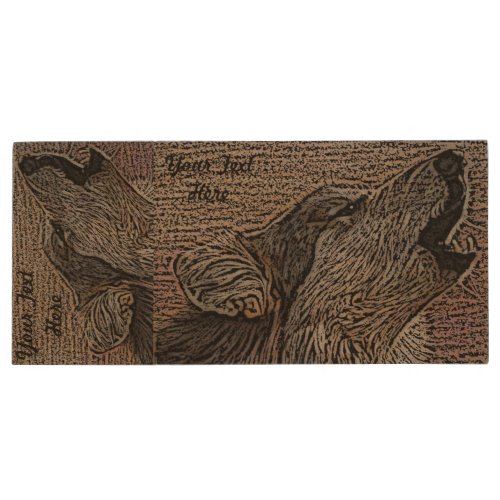 gray wolf howling wildlife painting realist art wood flash drive