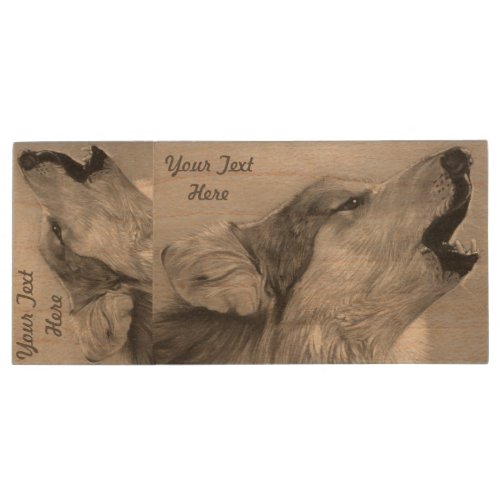gray wolf howling wildlife painting realist art wood flash drive