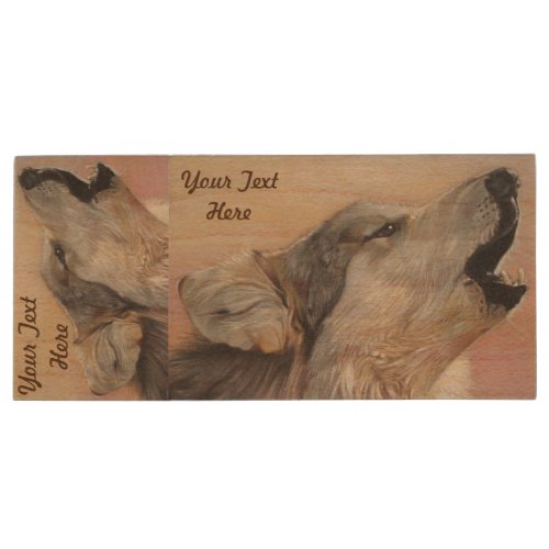 gray wolf howling wildlife painting realist art wood flash drive