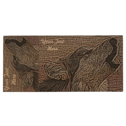 gray wolf howling wildlife painting realist art wood USB flash drive