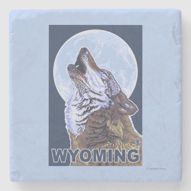 Gray Wolf HowlingWyoming Stone Coaster (Front)