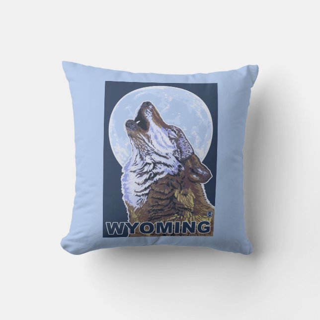 Gray Wolf HowlingWyoming Throw Pillow (Front)