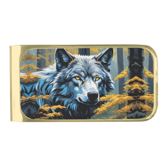 Gray Wolf in Golden Forest Gold Finish Money Clip (Front)