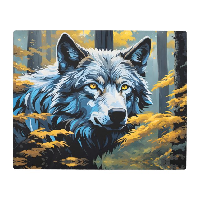 Gray Wolf in Golden Forest Metal Print (Front)