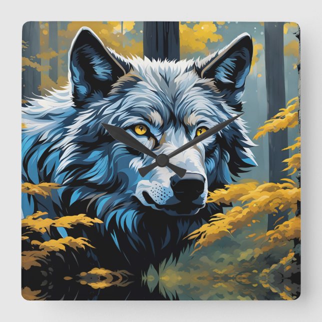 Gray Wolf in Golden Forest Square Wall Clock (Front)