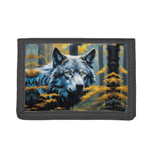 Gray Wolf in Golden Forest Tri-fold Wallet