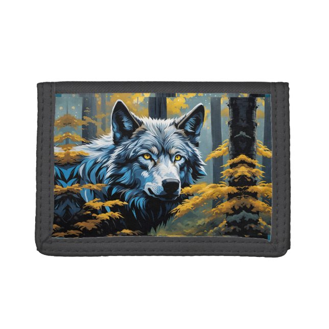 Gray Wolf in Golden Forest Trifold Wallet (Front)