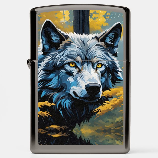 Gray Wolf in Golden Forest Zippo Lighter (Front)