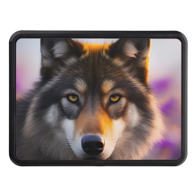 Gray wolf in purple flowers hitch cover (Front)