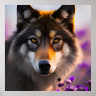 Gray wolf in purple flowers poster