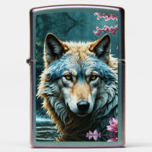 Gray Wolf in River Pink Flowers Zippo Lighter