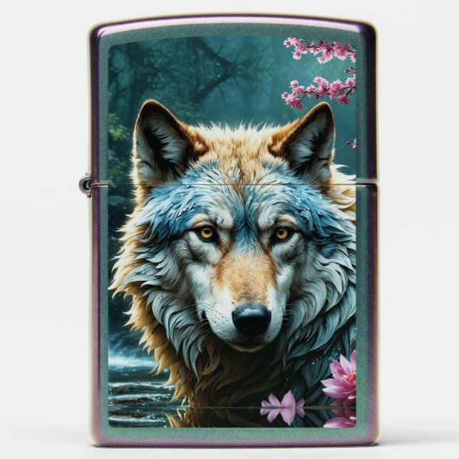 Gray Wolf in River Pink Flowers Zippo Lighter (Front)