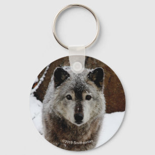 Gray Wolf in Snow Keychain
