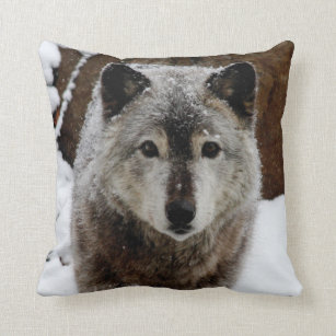Gray Wolf in Snow Throw Pillow