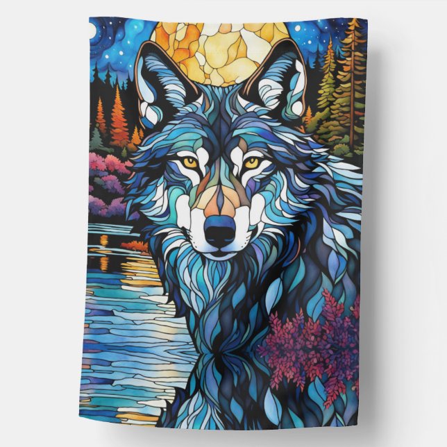 Gray Wolf in the Forest Stained Glass Look House Flag (Front)
