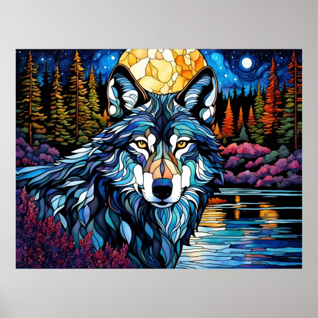 Gray Wolf in the Forest Stained Glass Look Poster (Front)