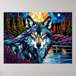 Gray Wolf in the Forest Stained Glass Look Poster
