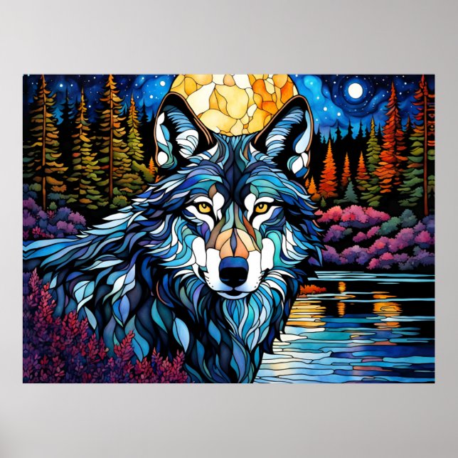 Gray Wolf in the Forest Stained Glass Look Poster (Front)