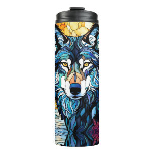 Gray Wolf in the Forest Stained Glass Look Thermal Tumbler
