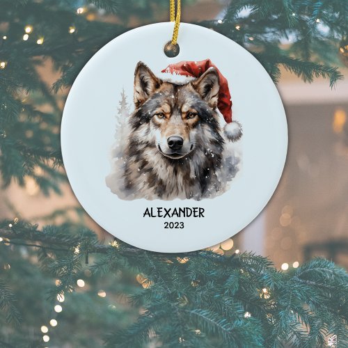 Gray Wolf Monogram Name Year Santa Hat Christmas Ceramic Ornament