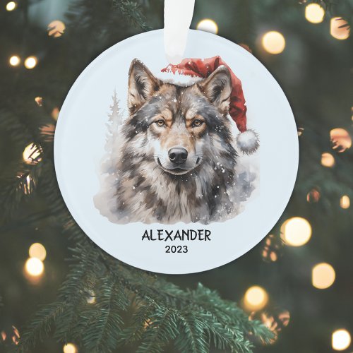Gray Wolf Monogram Name Year Santa Hat Christmas Ornament