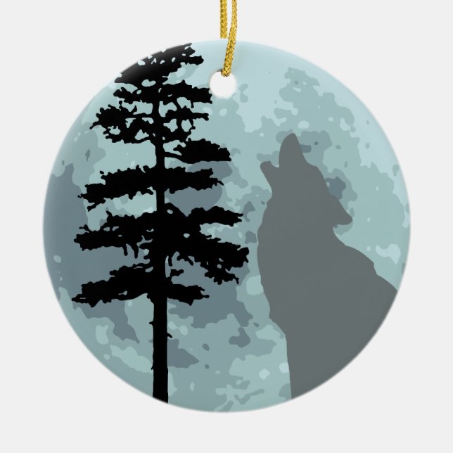 Gray Wolf Moon Ceramic Ornament (Front)