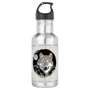 Gray Wolf Moon Mountains Night Sky Water Bottle