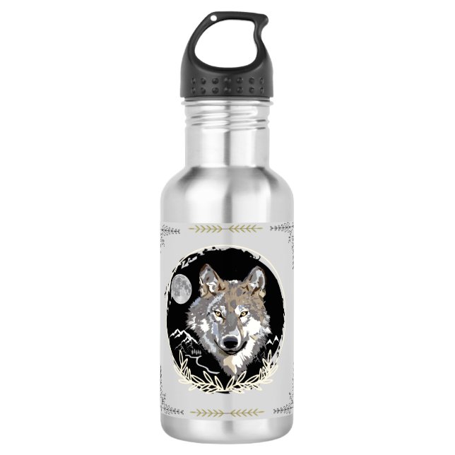 Gray Wolf Moon Mountains Night Sky Water Bottle (Front)