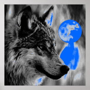 Gray Wolf & Moon Poster
