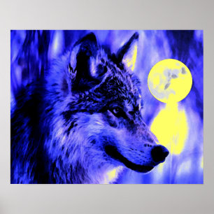 Gray Wolf & Moon Poster Print - Blue Night Wolves