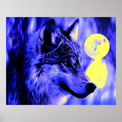 Gray Wolf  Moon Poster Print _ Blue Night Wolves
