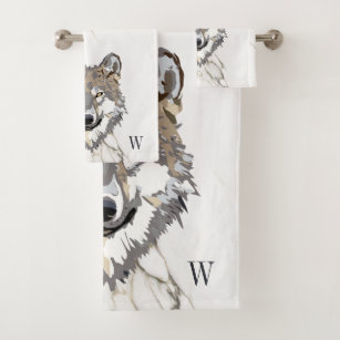 Gray Wolf On Marble Bath Towel Set