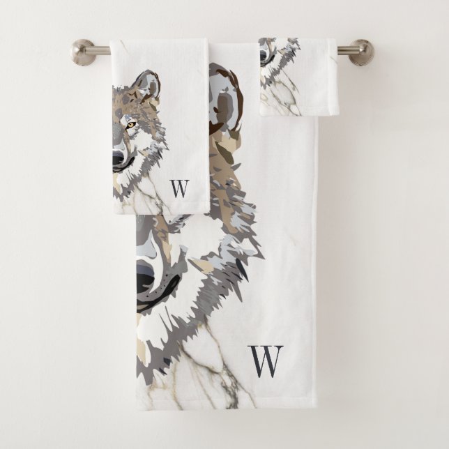Gray Wolf On Marble Bath Towel Set (Insitu)