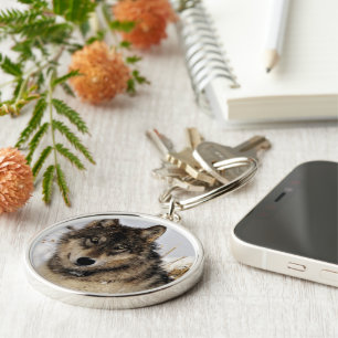 Gray Wolf or Timber Wolf Laying in the Snow Keychain