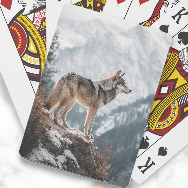 Gray Wolf Photo Mountains Snow Poker Cards (Gray wolf on a snow-covered mountain playing cards)