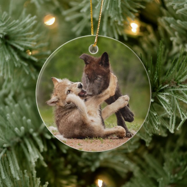 Gray Wolf Pups Wrestling Ceramic Ornament (Tree)
