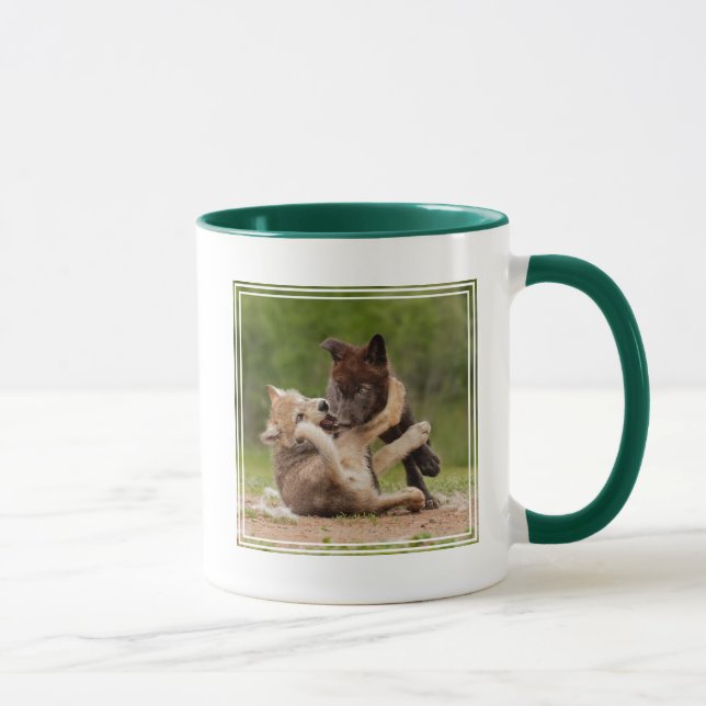 Gray Wolf Pups Wrestling Mug (Right)