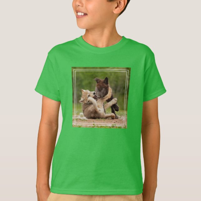 Gray Wolf Pups Wrestling T-Shirt (Front)