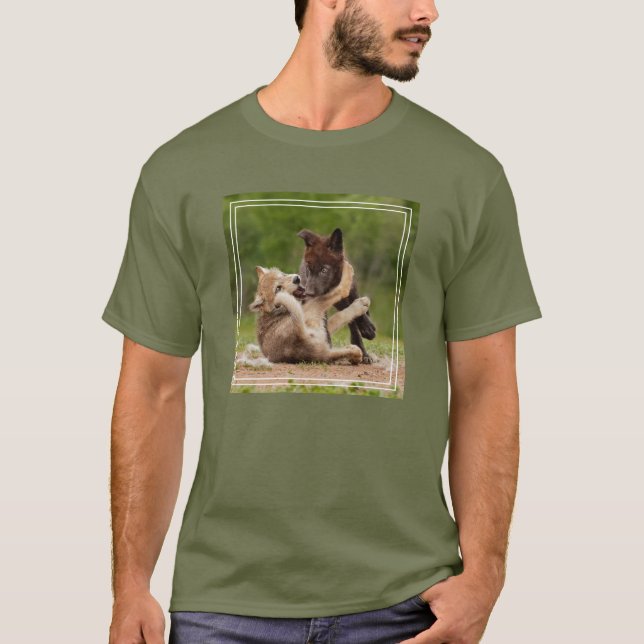Gray Wolf Pups Wrestling T-Shirt (Front)
