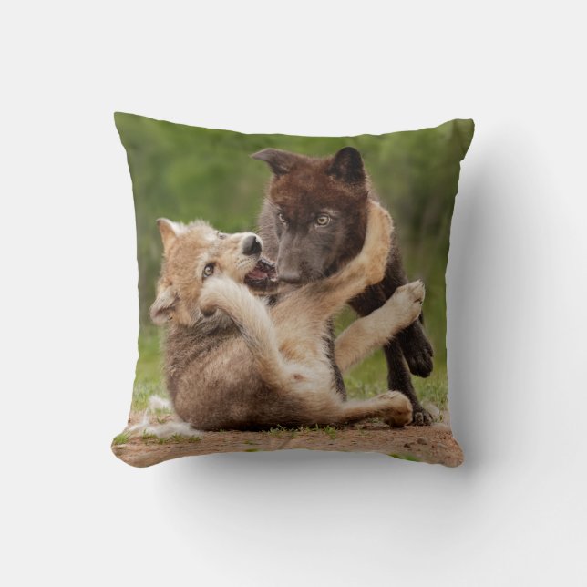 Gray Wolf Pups Wrestling Throw Pillow (Front)